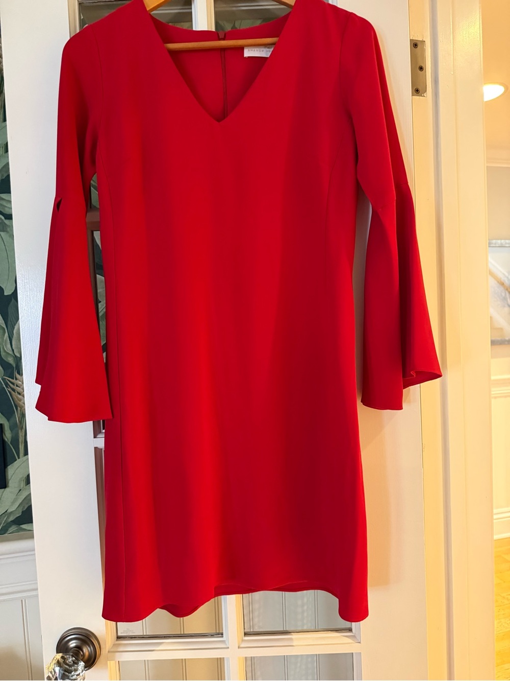 Amanda Uprichard Red V-Neck Dress with Bell Cut-Out Sleeves size Small